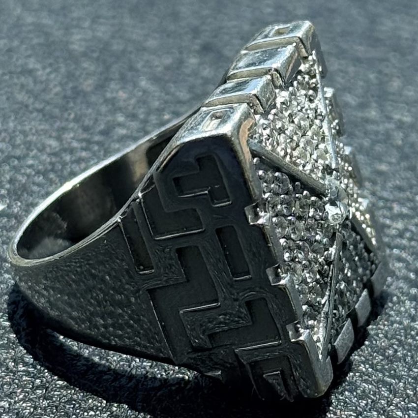 Men's 14k white gold signet ring with pavé natural diamonds and carved Greek key shoulders