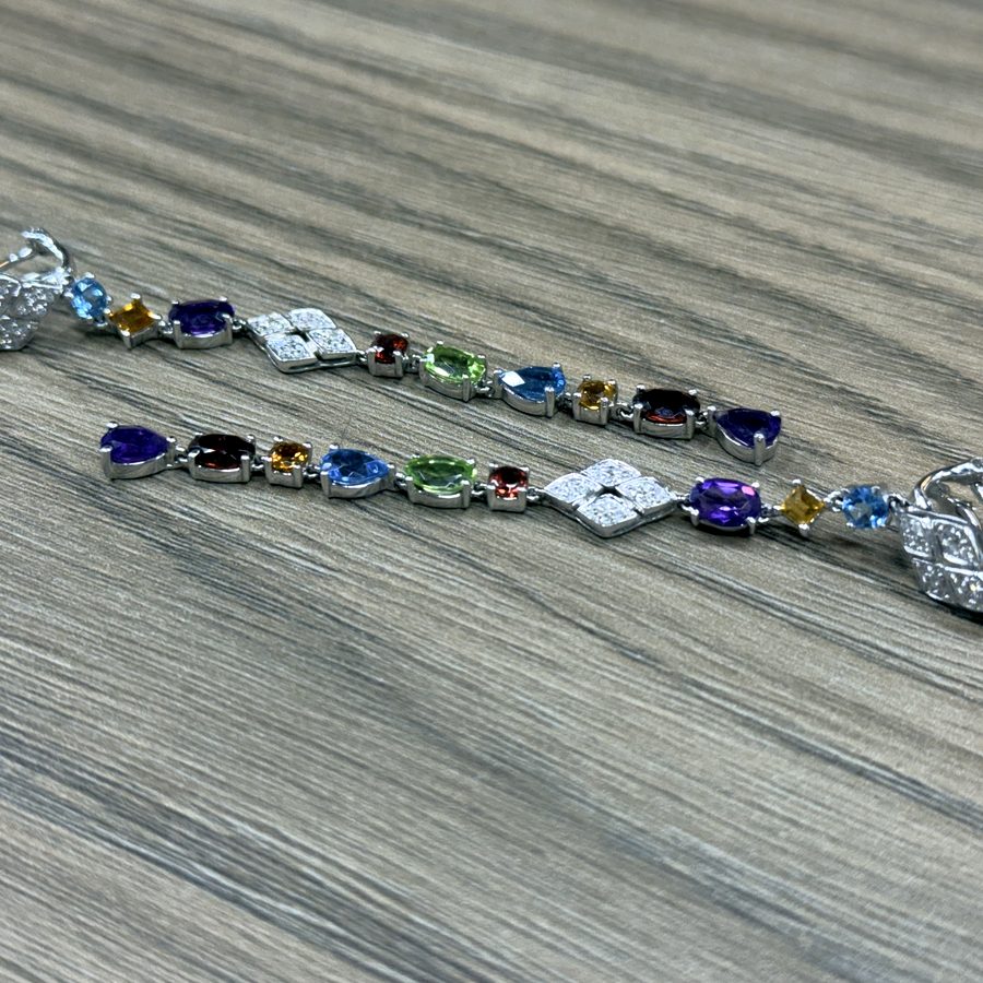 14k white gold diamond and multi-gemstone chandelier earrings
