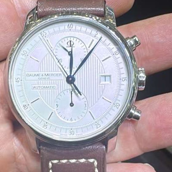 Baume & Mercier Geneve automatic chronograph with silver guilloche dial in stainless steel