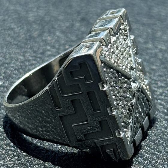 Mens 14k white gold signet ring with pave natural diamonds and carved Greek key shoulders