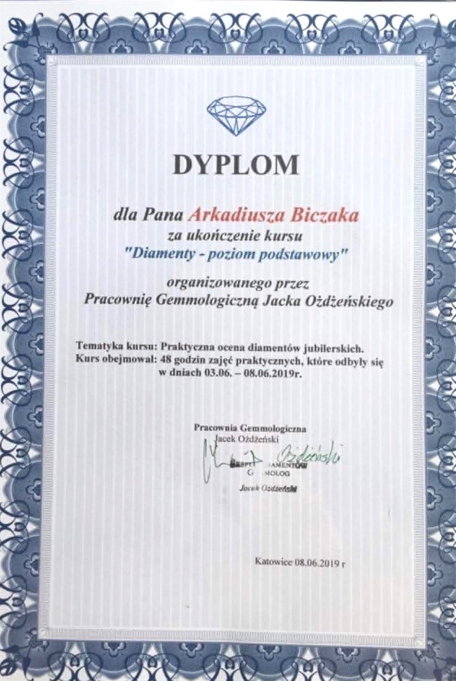 Diploma - Diamonds basic level, 48 hours of practical diamond grading, Arkadiusz Biczak, Katowice, June 2019