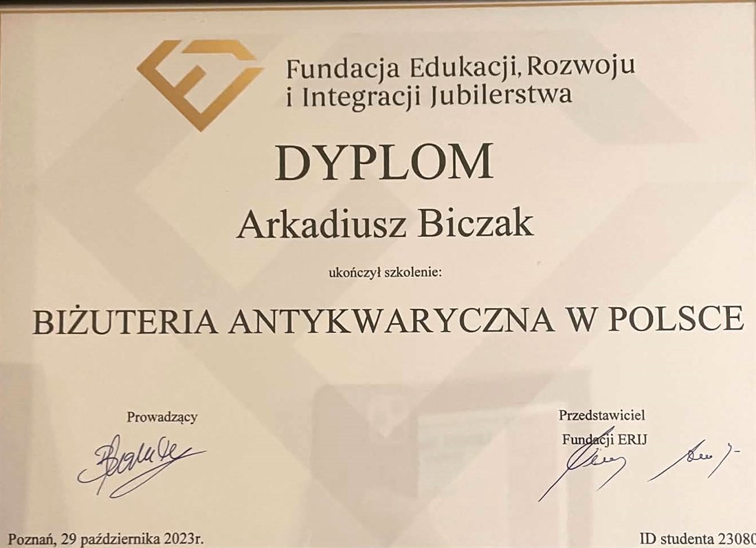 Diploma issued by the ERIJ Foundation - Antique Jewelry in Poland, Arkadiusz Biczak, Poznan, October 2023