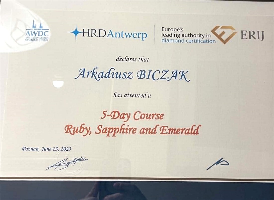 Diploma issued by AWDC, HRD Antwerp and ERIJ - 5-Day Course Ruby, Sapphire and Emerald, Arkadiusz Biczak, Poznan, June 2023