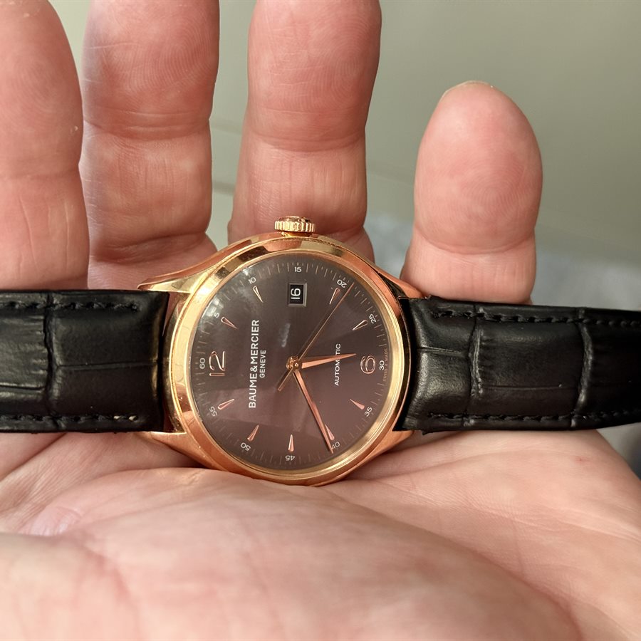 Baume and Mercier Clifton 18k rose gold automatic watch, chocolate dial