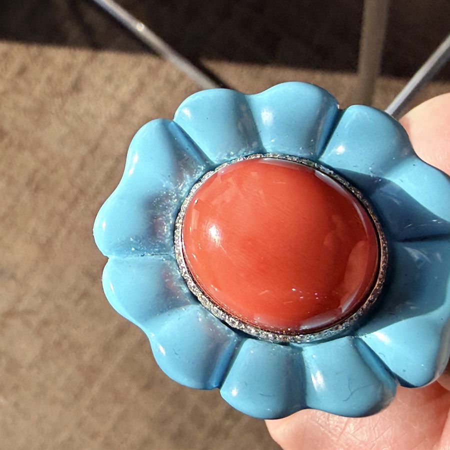 Signed Salavetti cocktail ring — carved turquoise flower with a coral cabochon and pave diamond dome in 18k rose gold