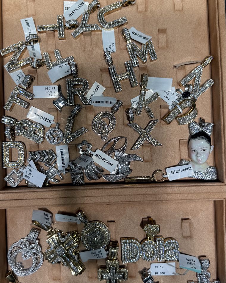 Iced-out diamond initial and letter pendants