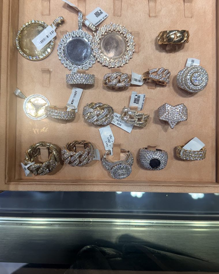 Diamond pendants and statement rings in the case